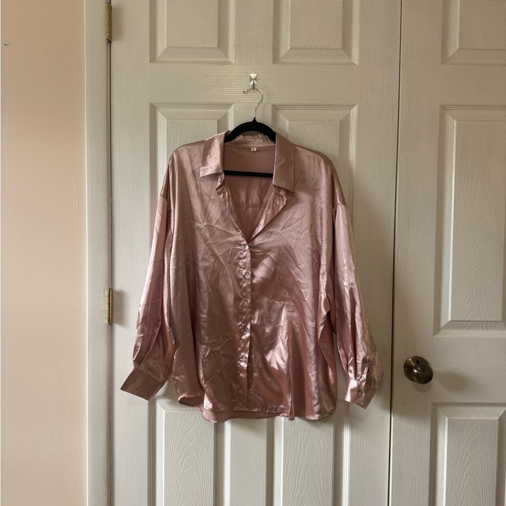 Satin Button-Front Blouse - Pink